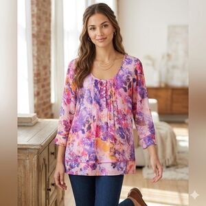 Nine West Blouse Top with Button Detail Semi Sheer Flowy Lightweight SZ XL